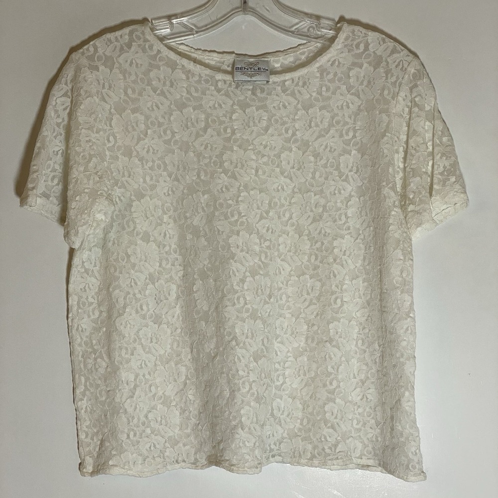 VTG TR Bentley Top Womens Medium Cream Floral Lace Sheer Blouse Y2K Grannycore M